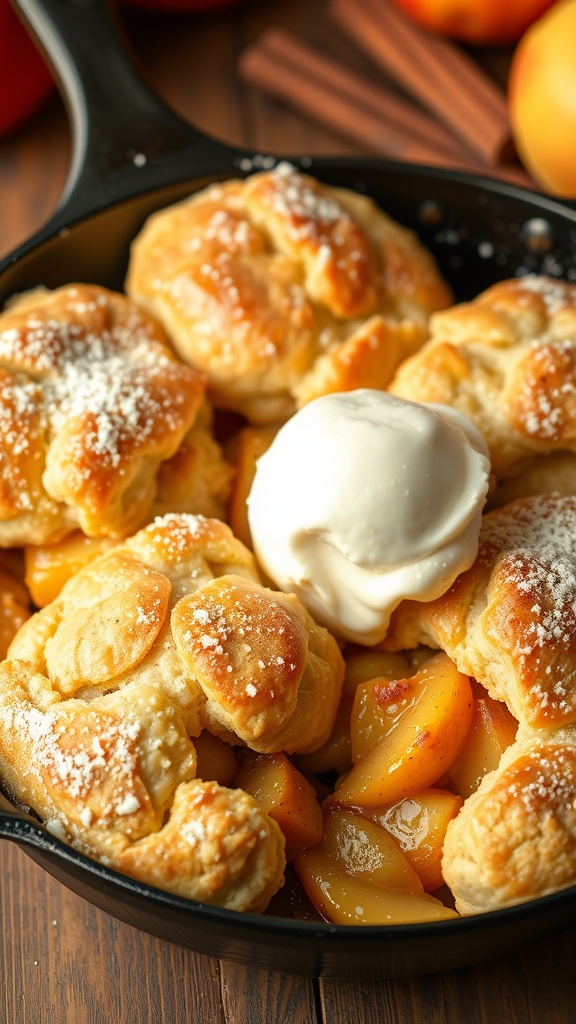 Warm apple pie biscuits in a skillet, garnished with powdered sugar and a scoop of vanilla ice cream.